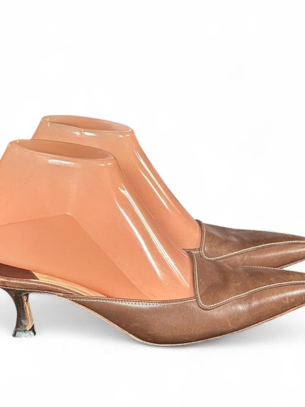 90s Black Stitched Manolo Blahnik Short Pointy Heels Vintage Leather Designer